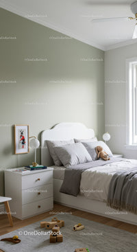 Cozy Modern Bedroom with Pale Green Wall and Minimalist Decor