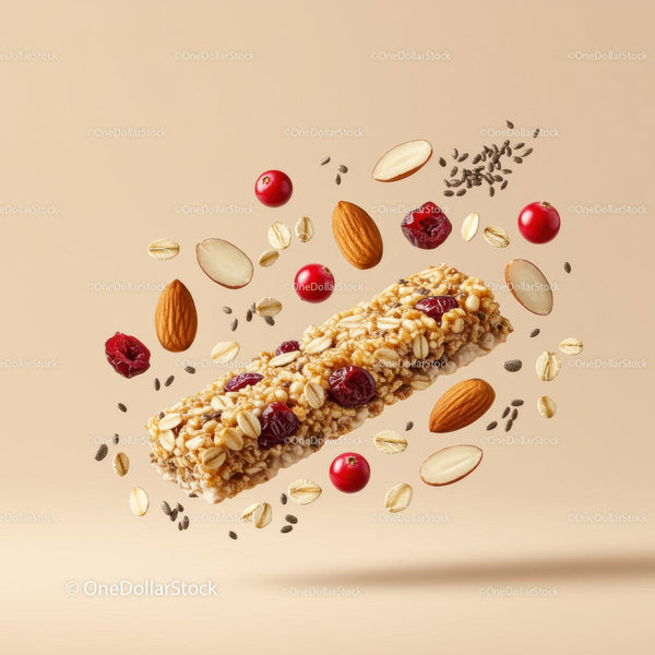 Healthy granola bar with nuts and berries floating