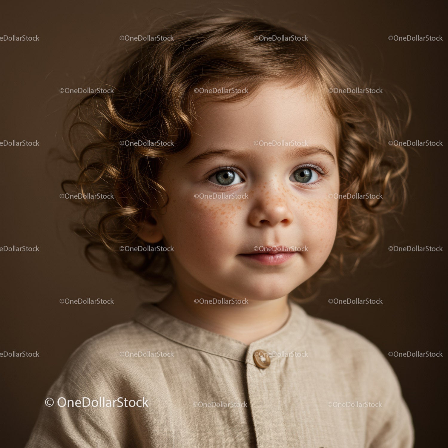 Curly haired toddler with soft natural expression