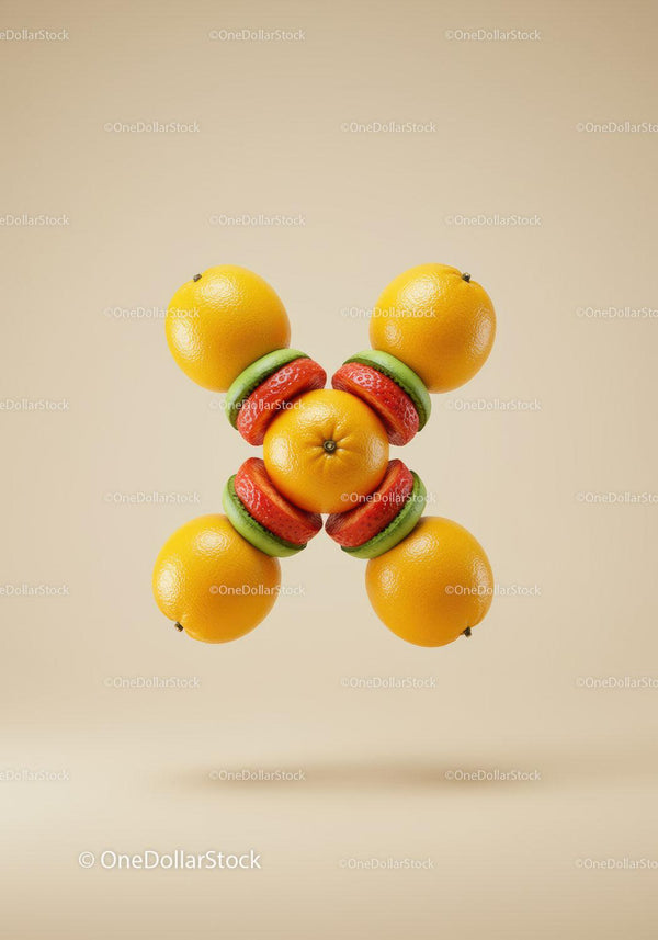 Creative arrangement of citrus and sliced fruits on beige