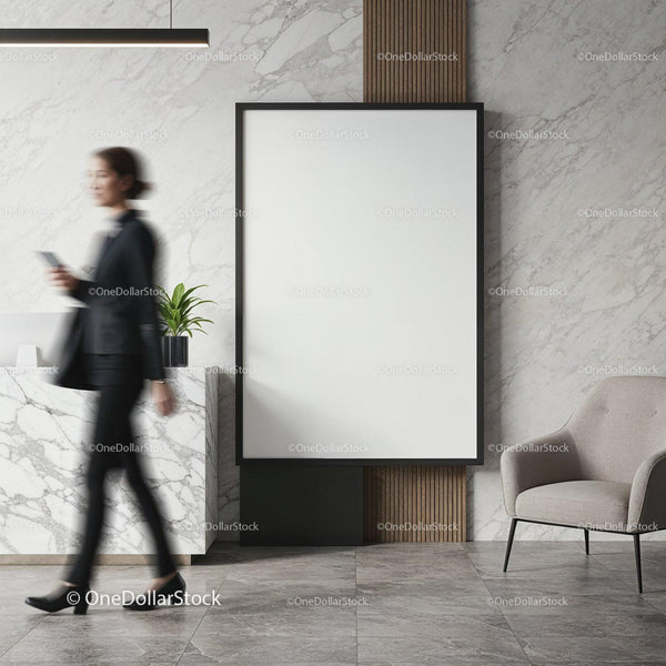 Modern office lobby with blank poster and businesswoman JPG Mockup Image