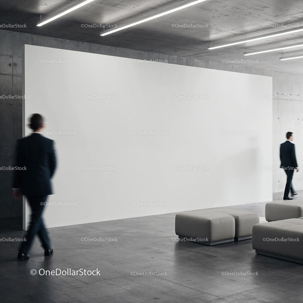 Businessmen walking in modern office lobby with blank wall JPG Mockup Image