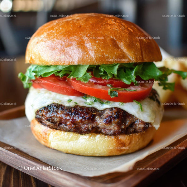 Pyszny Gourmet Burger Wołowy z Pomidorem, Sałatą i Serem