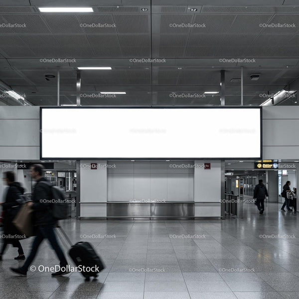 Busy airport hallway with large blank advertisement board JPG Mockup Image