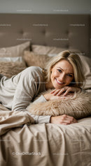 Smiling woman relaxing on cozy bed with soft pillow