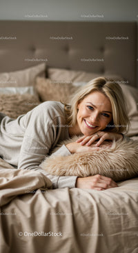 Smiling woman relaxing on cozy bed with soft pillow