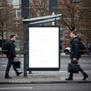 Busy urban bus stop with blank advertising board