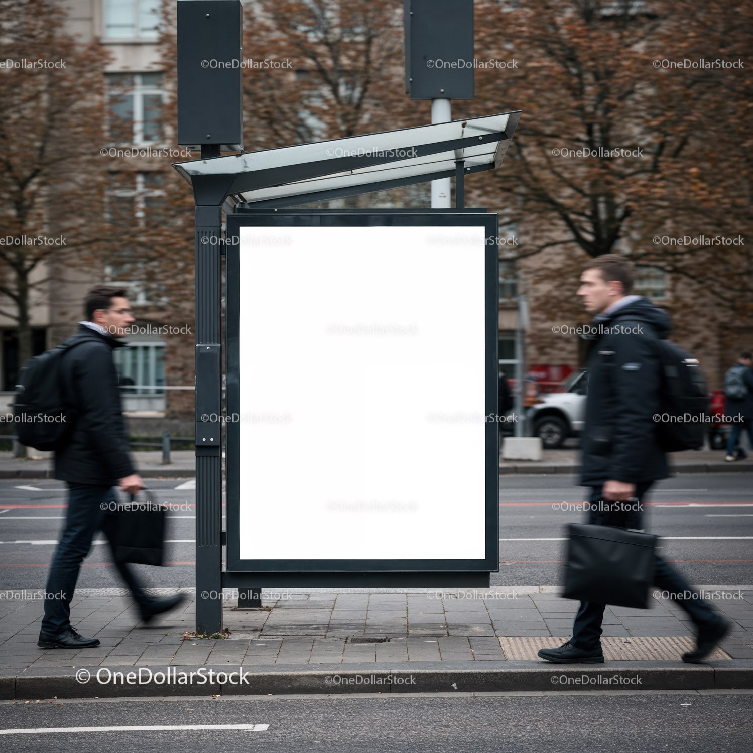 Busy urban bus stop with blank advertising board