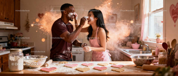 Couple Playfully Baking Heart Shaped Cookies Together