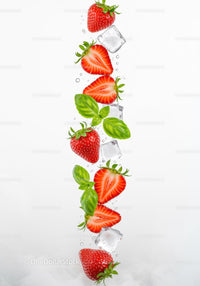 Fresh strawberries with basil leaves and ice cubes in water