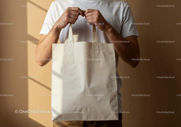 Man Holding Blank Cotton Tote Bag in Warm Light JPG Mockup Image