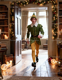 Man in Festive Elf Costume Walking Through Decorated Room