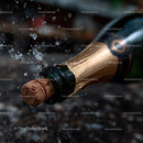 Close-Up of Champagne Bottle with Water Splash and Cork in Motion
