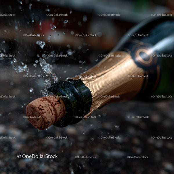 Close-Up of Champagne Bottle with Water Splash and Cork in Motion