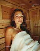 Young Woman Relaxing in Sauna with Wooden Interior and Towel