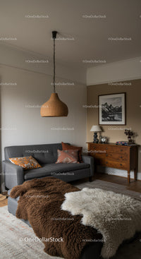 Cozy Living Room with Plush Throws and Rustic Decor