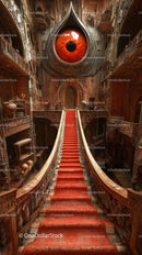 Gothic Mansion Interior with Red Carpet Staircase and Eye Art