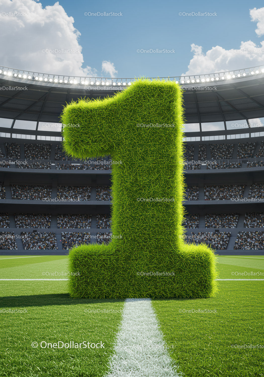 Large Grass Number One on Soccer Field with Stadium Crowd