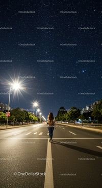 Starry Night Sky Over City Street with Woman Walking Calmly