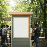 People enjoying coffee at outdoor kiosk in park