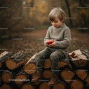 Child Holding Red Apple Sitting on Firewood Outdoors