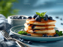 Stack of Blueberry Pancakes with Syrup and Fresh Mint