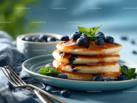 Stack of Blueberry Pancakes with Syrup and Fresh Mint
