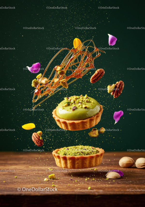 Floating Pistachio Tarts with Nuts and Caramel Splash