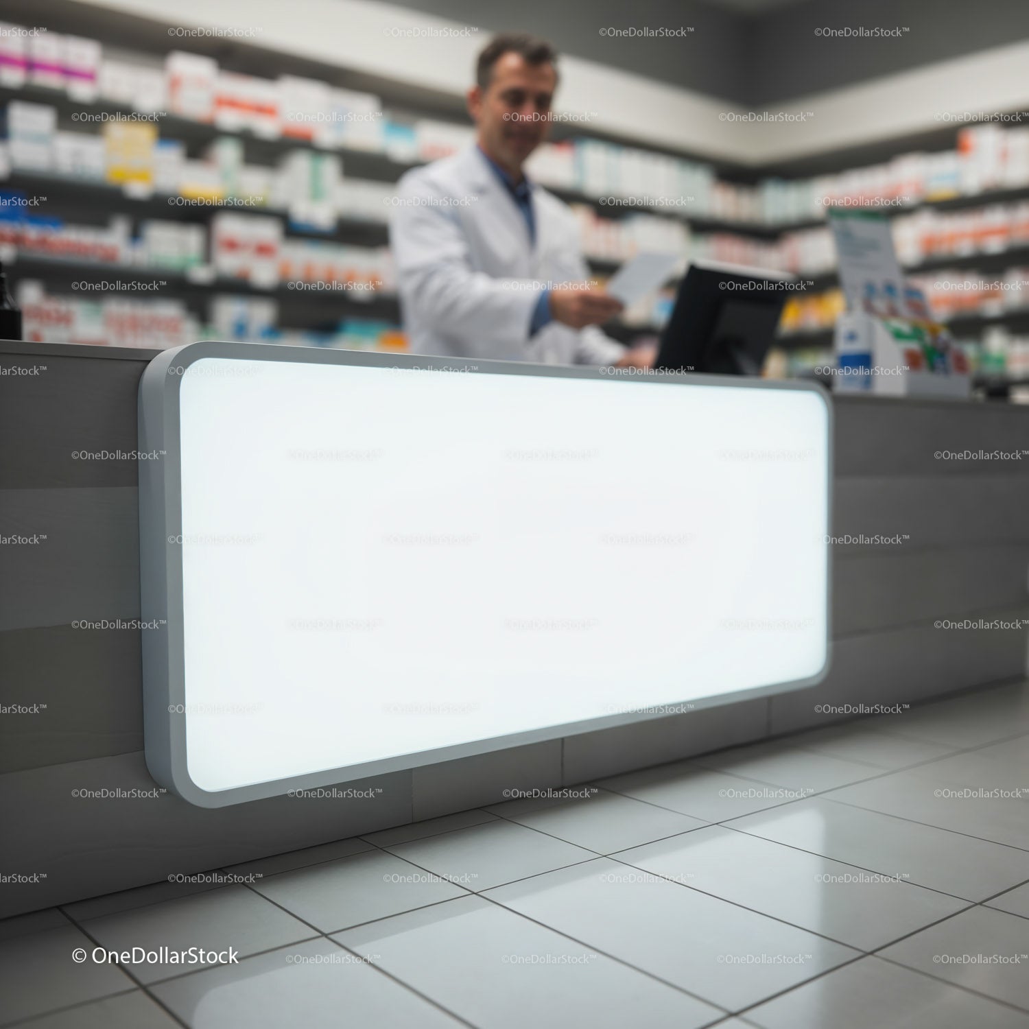 Farmaceuta przygotowujący receptę za ladą apteki