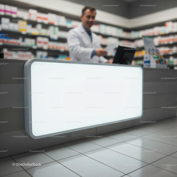 Pharmacist Preparing Prescription Behind Pharmacy Counter JPG Mockup Image
