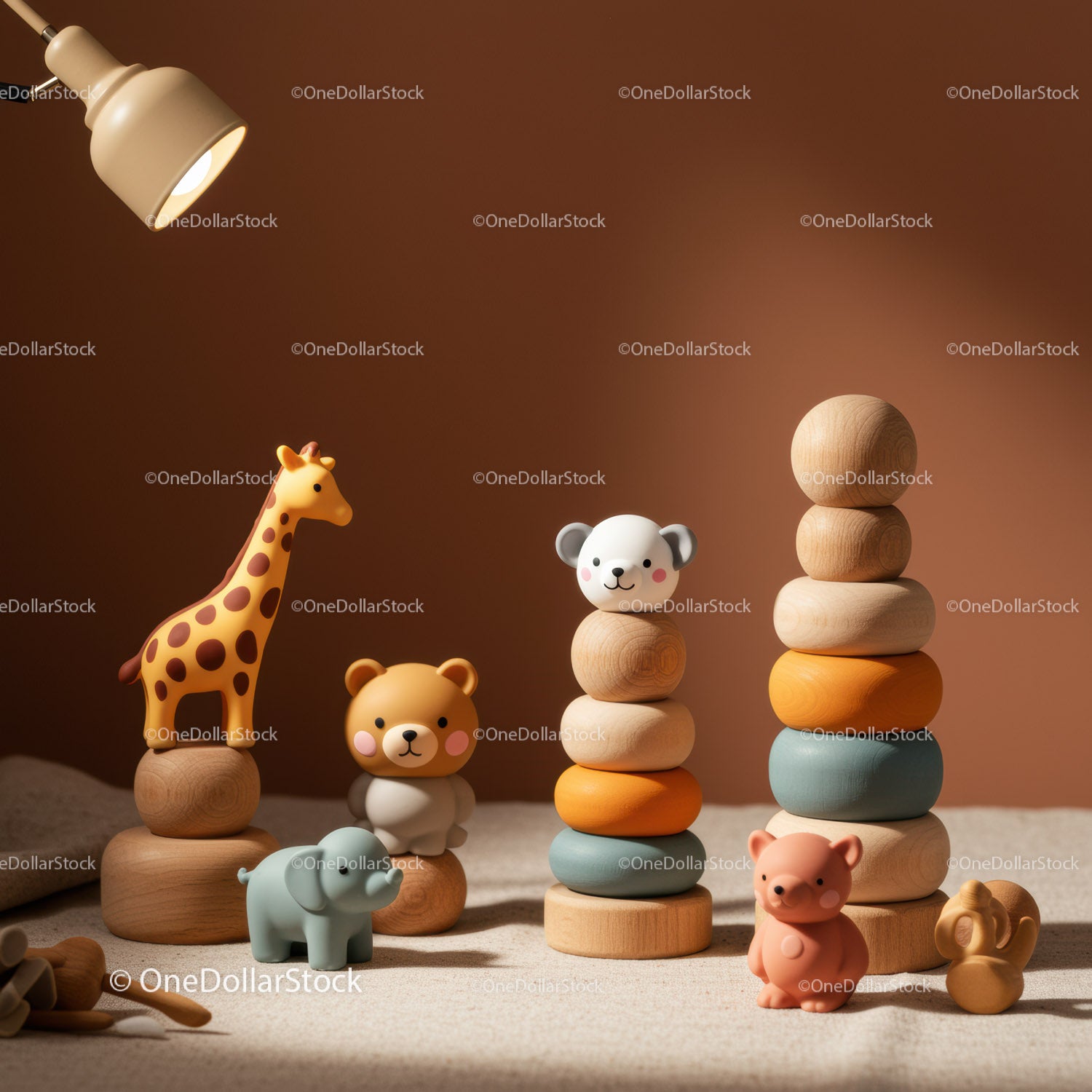 Wooden Animal Toys and Stacking Rings on Table
