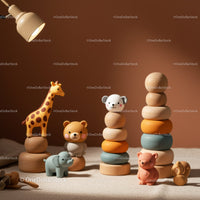 Wooden Animal Toys and Stacking Rings on Table