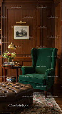 Cozy reading nook with green armchair and leather ottoman