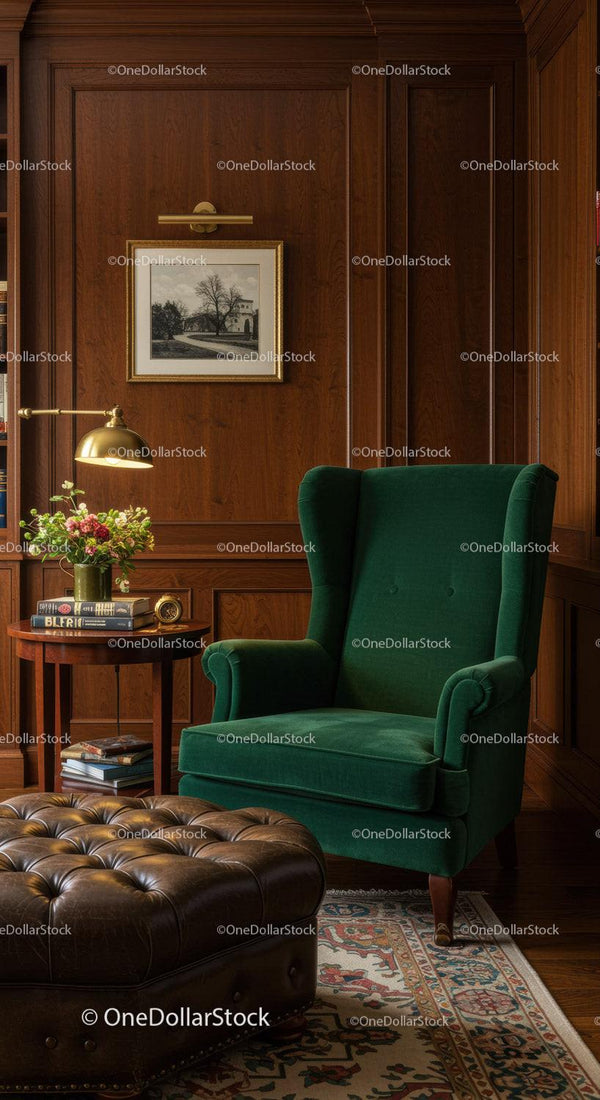 Cozy reading nook with green armchair and leather ottoman