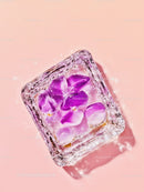 Frozen purple flowers encased in clear ice cube
