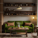 Cozy living room with green sofa and rustic wooden shelves