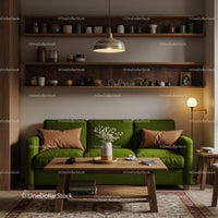 Cozy living room with green sofa and rustic wooden shelves