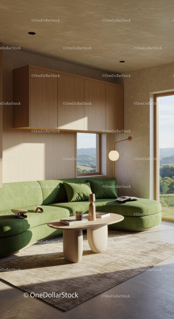 Cozy Modern Living Room with Green Sofa and Scenic Views