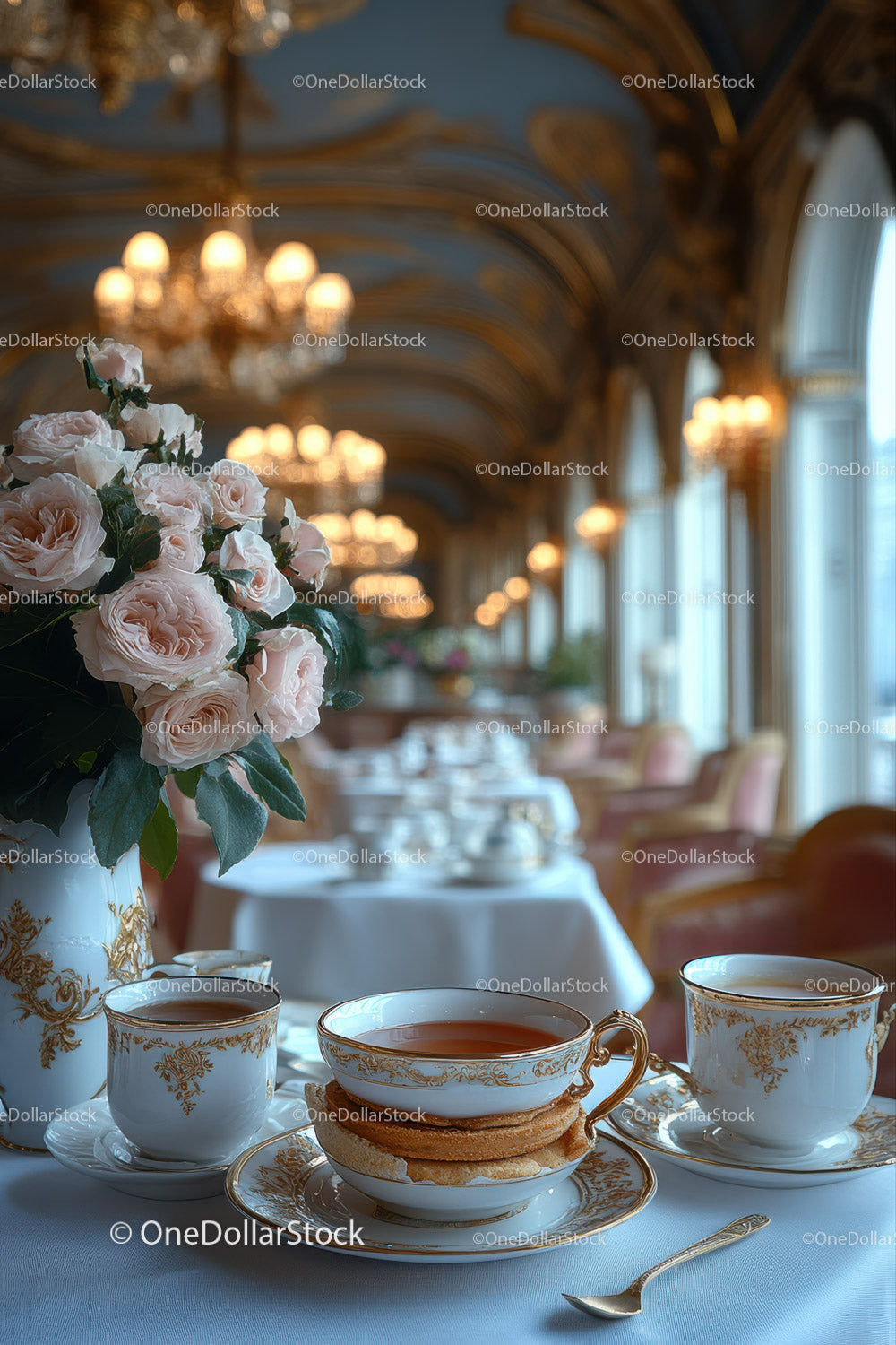 Luxurious Afternoon Tea Scene with Roses and Elegant Porcelain