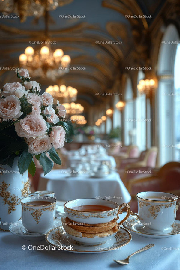 Luxurious Afternoon Tea Scene with Roses and Elegant Porcelain