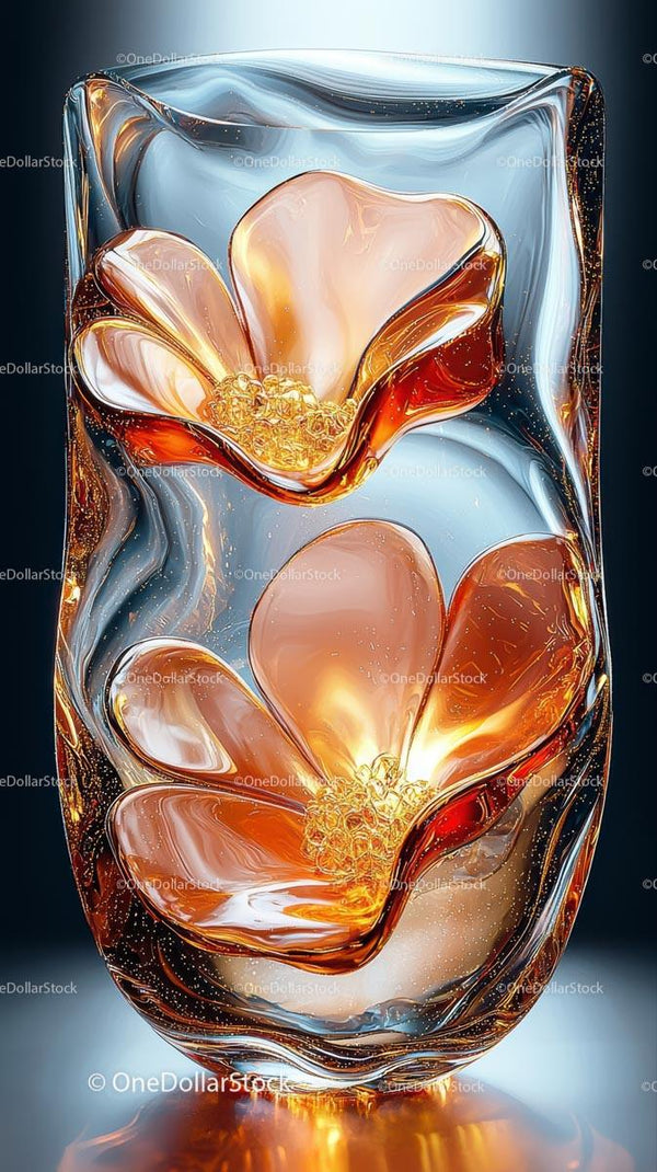 Elegant Glass Sculpture with Amber Floral Design for Interior Decor