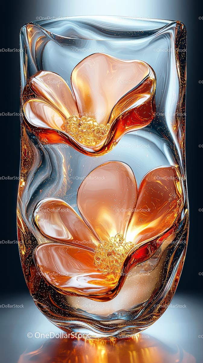 Elegant Glass Sculpture with Amber Floral Design for Interior Decor