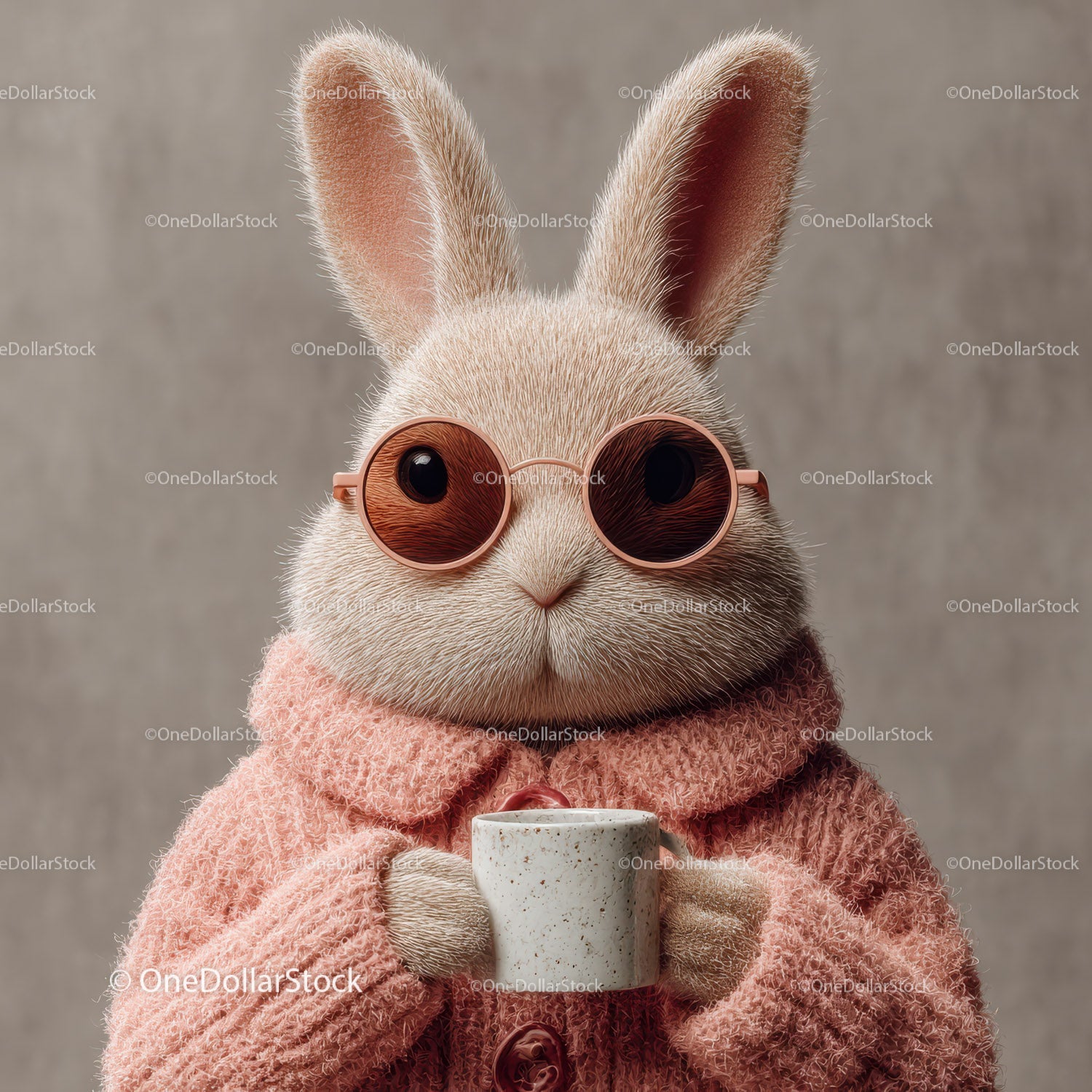Cute Bunny Wearing Sunglasses and Cozy Pink Sweater Holding Coffee Mug