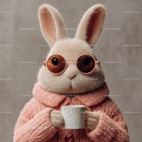 Cute Bunny Wearing Sunglasses and Cozy Pink Sweater Holding Coffee Mug