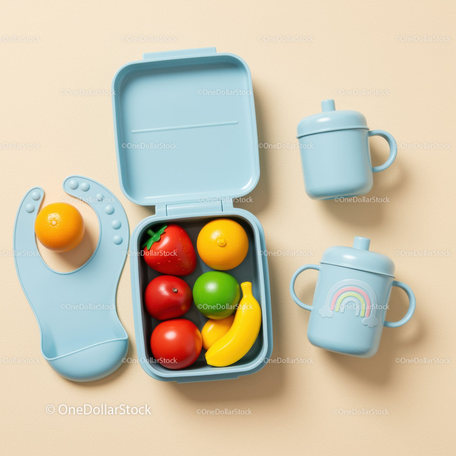 Colorful play food and blue toddler feeding set