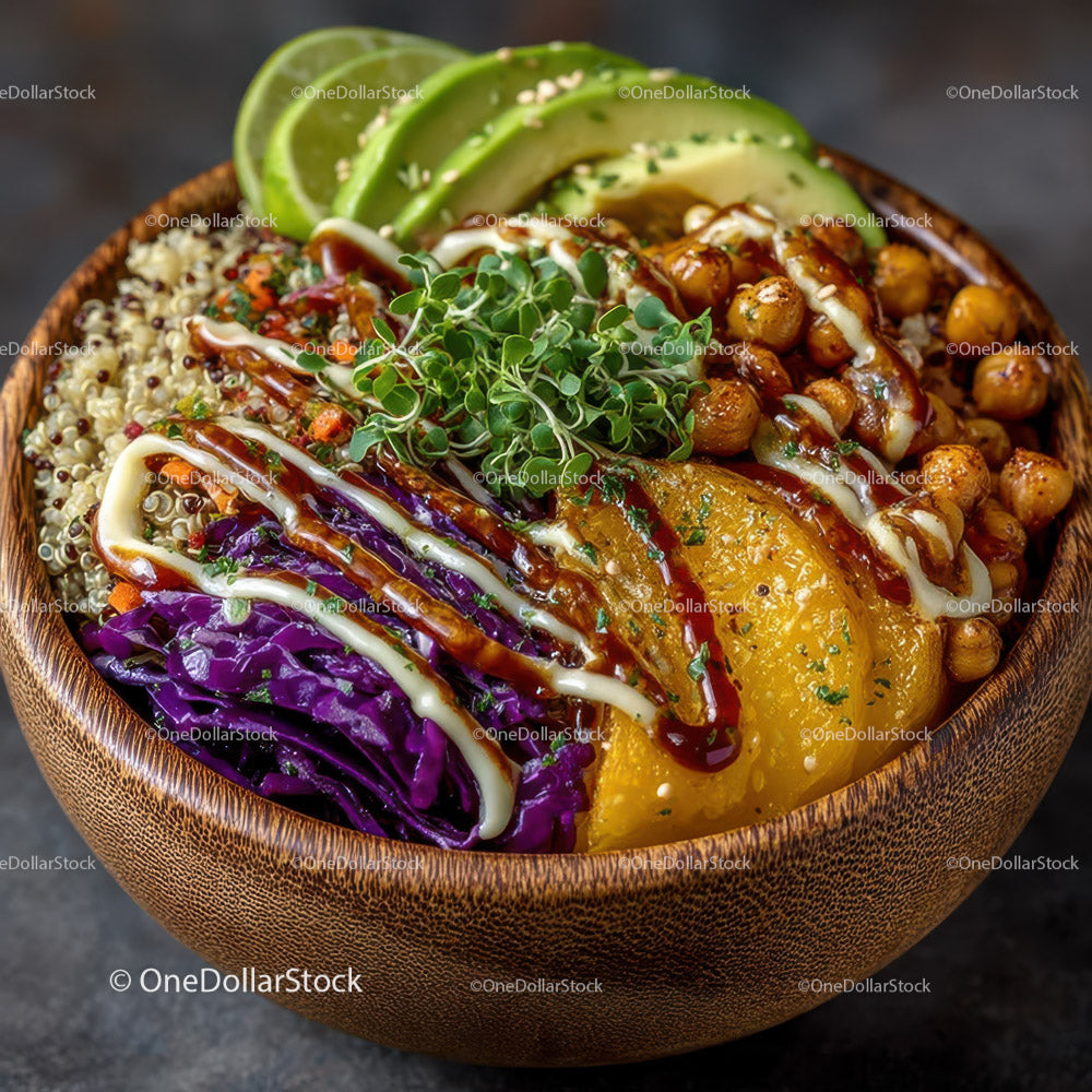 Colorful Quinoa Salad with Avocado Roasted Chickpeas and Microgreens
