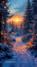 Snowy forest path illuminated by warm sunset lights