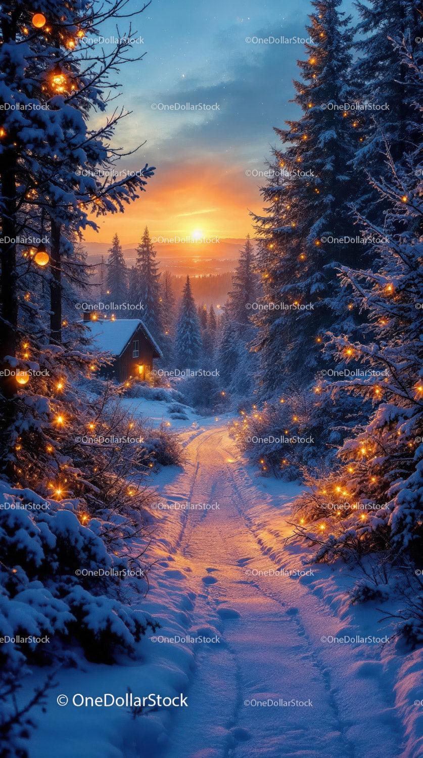 Snowy forest path illuminated by warm sunset lights