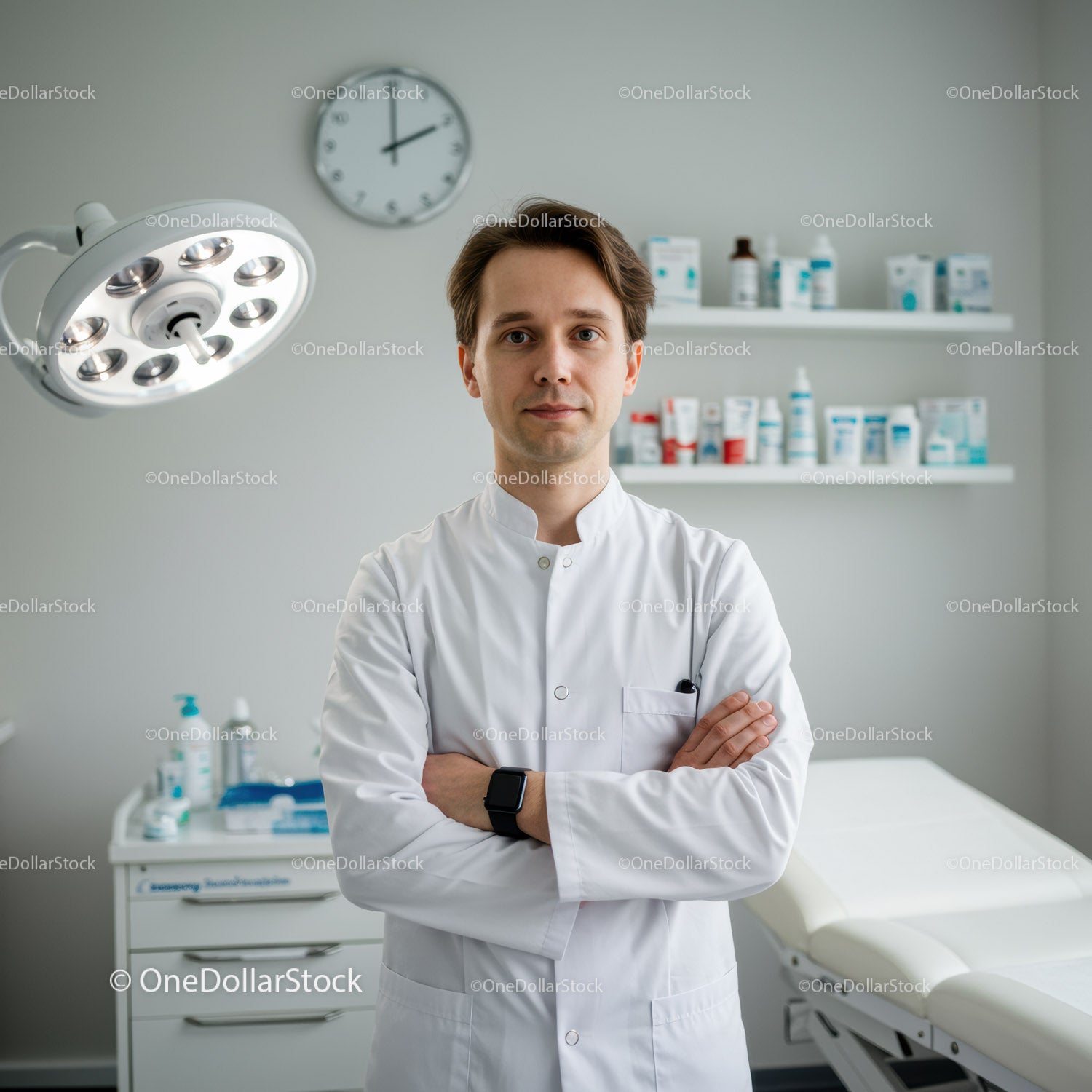 Young Male Doctor in White Coat Standing in Modern Clinic Room