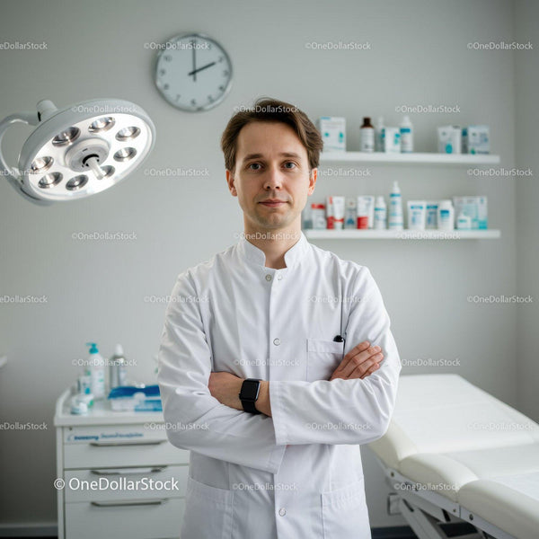 Młody Mężczyzna Lekarz w Białym Fartuchu Stojący w Nowoczesnym Gabinecie Klinicznym